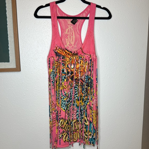Christian Audigier Pink Tank Sweater Dress‎ w Graphic Design Fringe Y2K - Picture 1 of 17